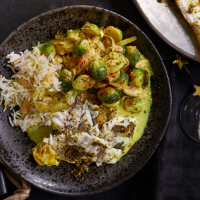 Charred Brussels sprouts drizzled with kiri hodi
