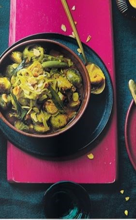 Charred Brussels sprouts drizzled with kiri hodi