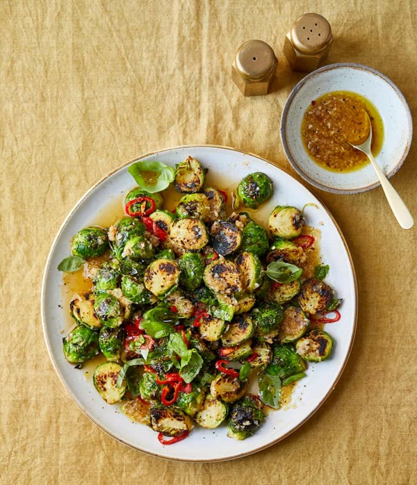 Charred Brussels sprouts with lime dressing and basil