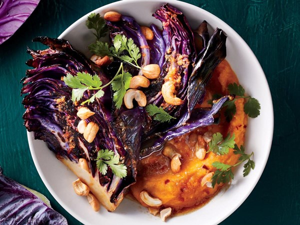 Charred cabbage with butternut-miso mash