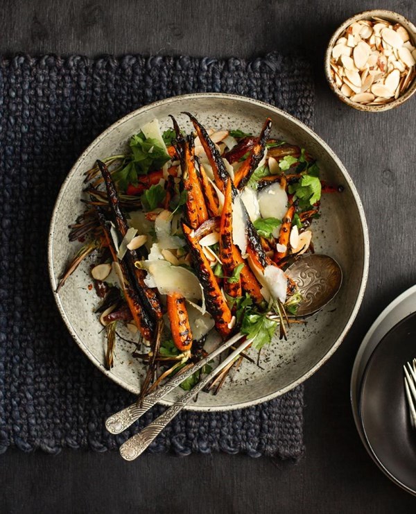 Charred carrots with dates, toasted almonds, Parmesan & lemon dressing