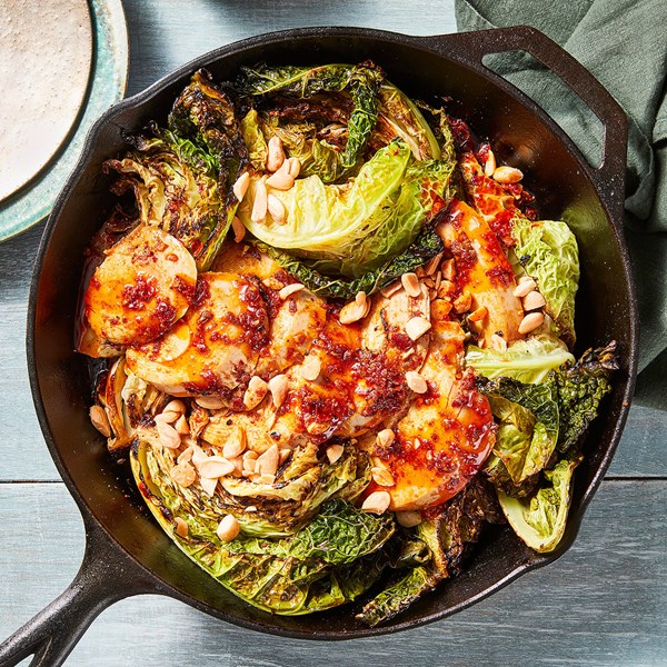 Charred cast-iron spiced cabbage & turkey with harissa butter