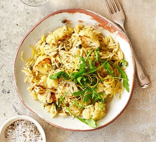 Charred cauliflower, lemon & caper orzo