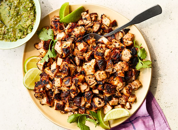 Charred chile-marinated grilled chicken tacos