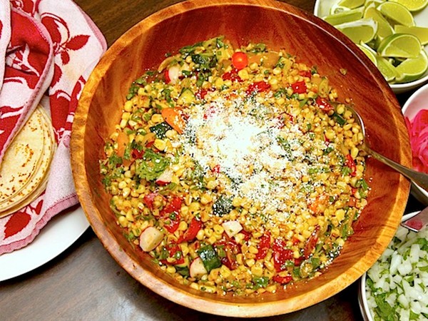 Charred corn and cherry tomato salad with zucchini and radishes