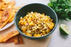 Charred corn and mango salsa + plantain chips