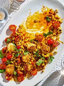 Charred corn and scallop salad with lime dressing