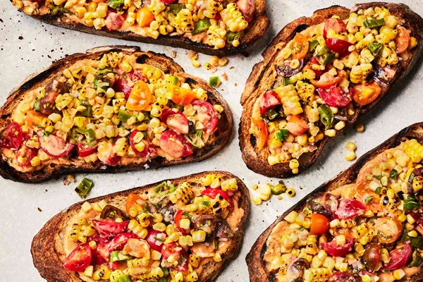 Charred corn and tomato tartines with tofu aioli