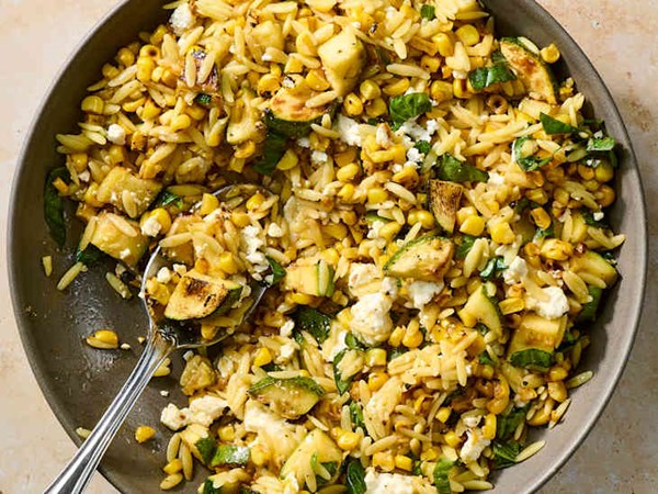 Charred corn and zucchini orzo salad 