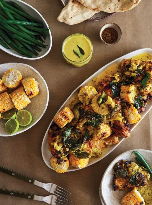 Charred corn, chicken & curry leaves
