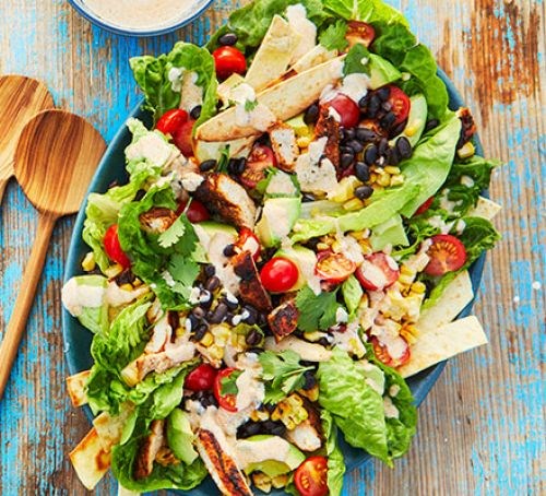 Charred corn, chicken and tortilla salad with chipotle yogurt dressing