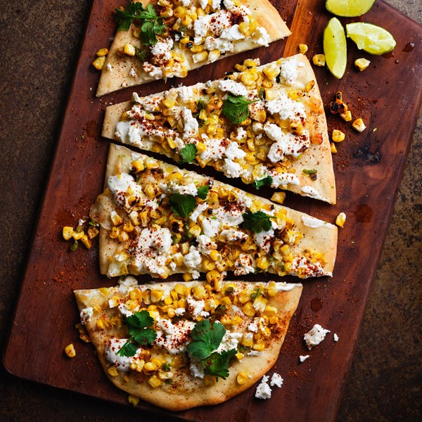 Charred corn, lime & feta pizza