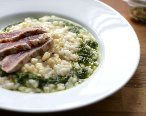 Charred corn risotto with seared tuna and jalapeno-basil oil
