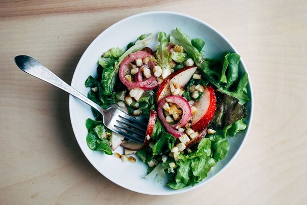 Charred corn salad with quick pickles and lime dressing