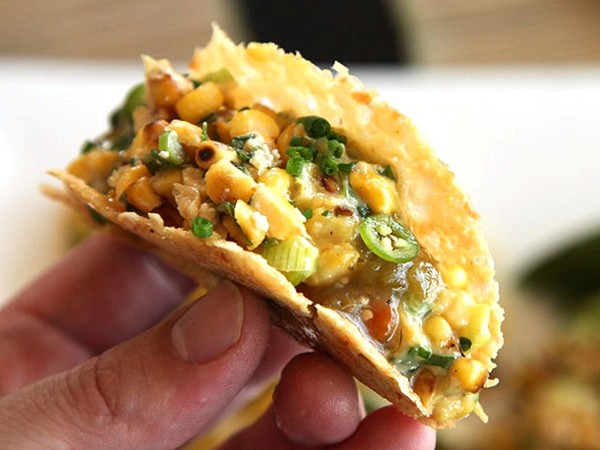Charred corn tacos in crispy all-cheese taco shells