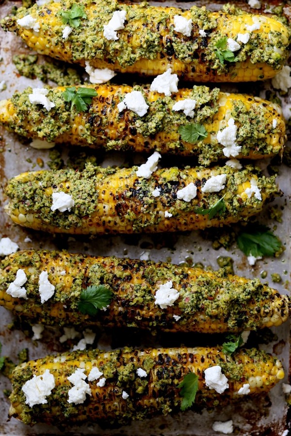Charred corn with pistachio cilantro lime rub
