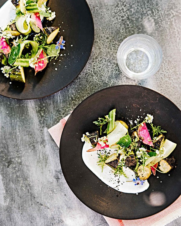 Charred-cucumber-and-radish salad with yogurt
