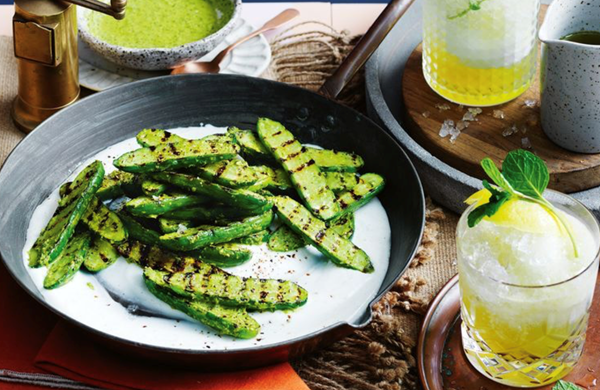 Charred cucumbers, cardamom yoghurt, zhoug