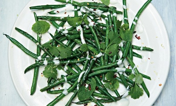 Charred cumin green beans with a mint and yoghurt sauce