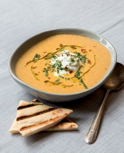 Charred eggplant soup with tzatziki