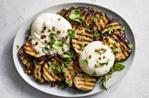 Charred eggplant with burrata and fried capers