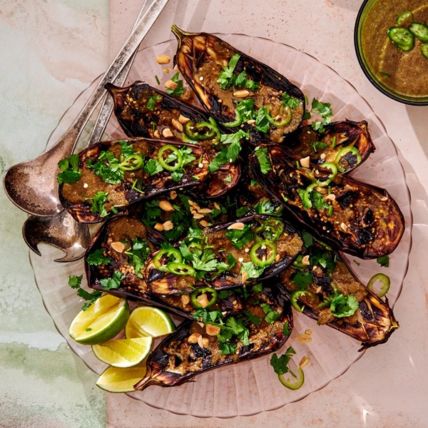 Charred eggplant with spicy tomato sauce and peanuts