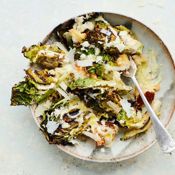 Charred gem salad with tahini Caesar dressing