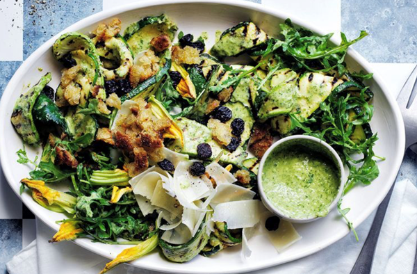 Charred green and gold zucchini salad with a mint bread dressing