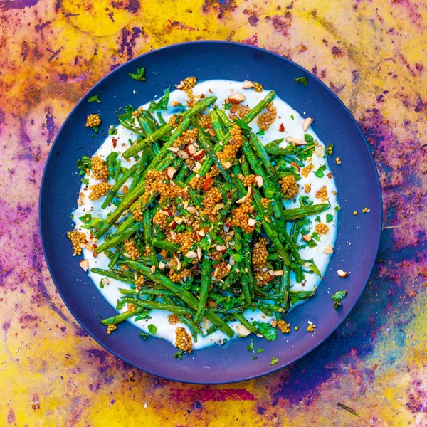 Charred green beans, pickled mustard seeds, yogurt and smoked almonds