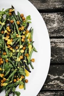 Charred green beans with crispy chickpeas and curry yogurt
