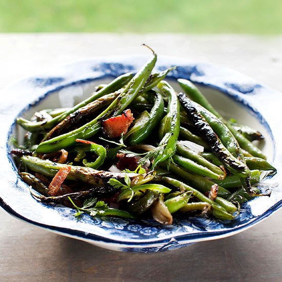 Charred green beans with pickled shallots