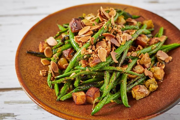  Charred green beans with sauté potatoes, chermoula and fried almonds