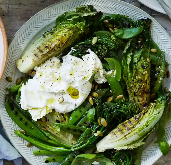 Charred green salad with burrata