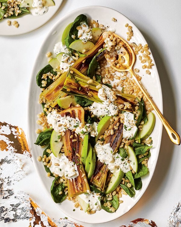 Charred leek, pearl barley and Cheshire cheese salad 
