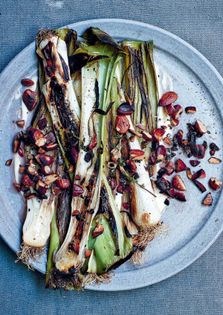 Charred leeks with almonds