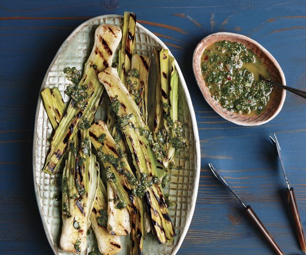 Charred leeks with caper-herb sauce