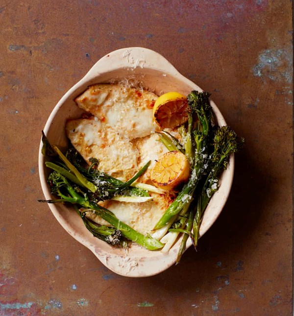 Charred lemon and mustard-Parmesan chicken traybake