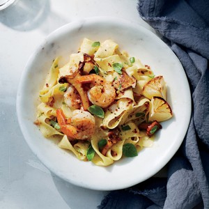 Charred lemon pappardelle with mushrooms and shrimp
