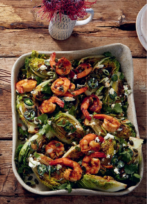 Charred lettuce with prawns and feta dressing