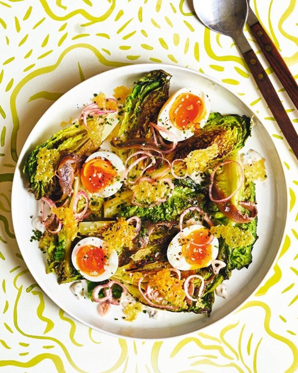 Charred little gem with soft-boiled eggs, anchovies and Parmesan crisps 