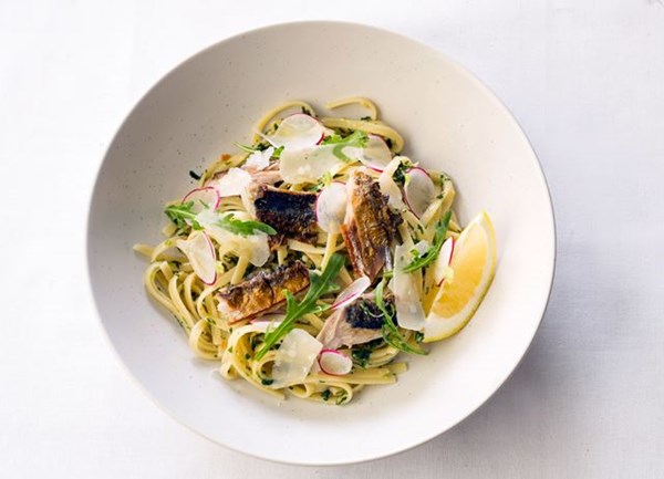 Charred mackerel linguine with rocket and almond, aged Parmesan and Amalfi lemon