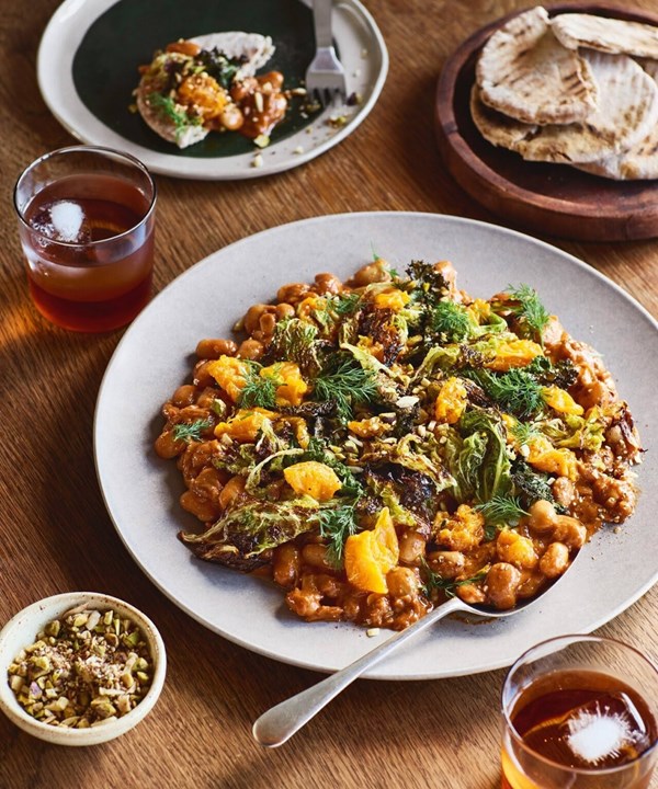 Charred mandarin, cabbage & creamy paprika beans