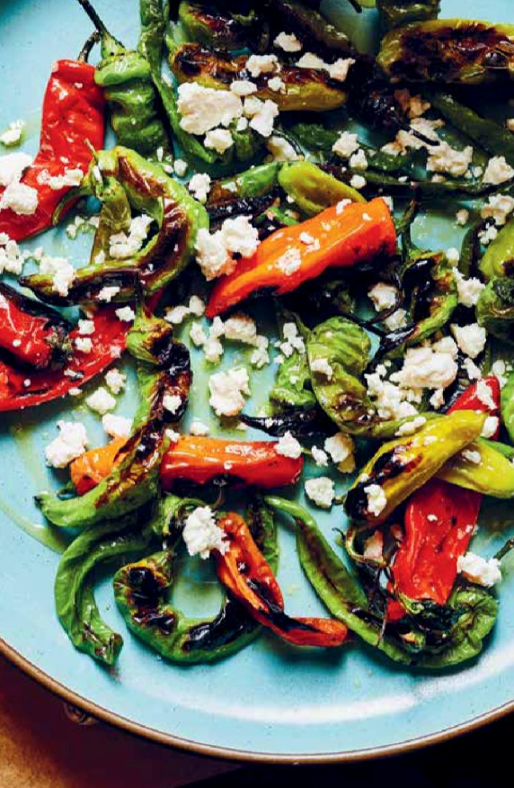 Charred market peppers with pickled feta