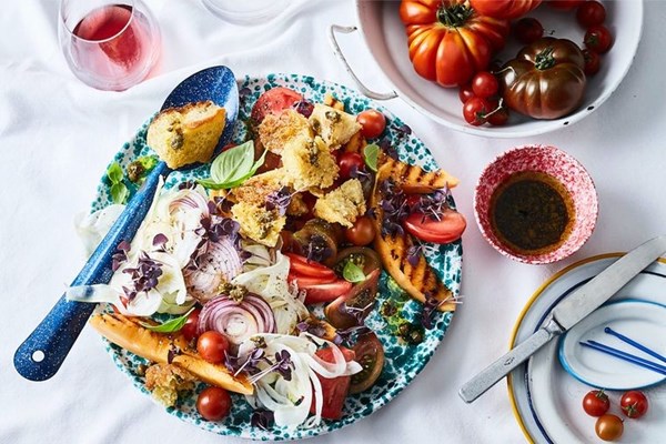 Charred melon & tomato panzanella