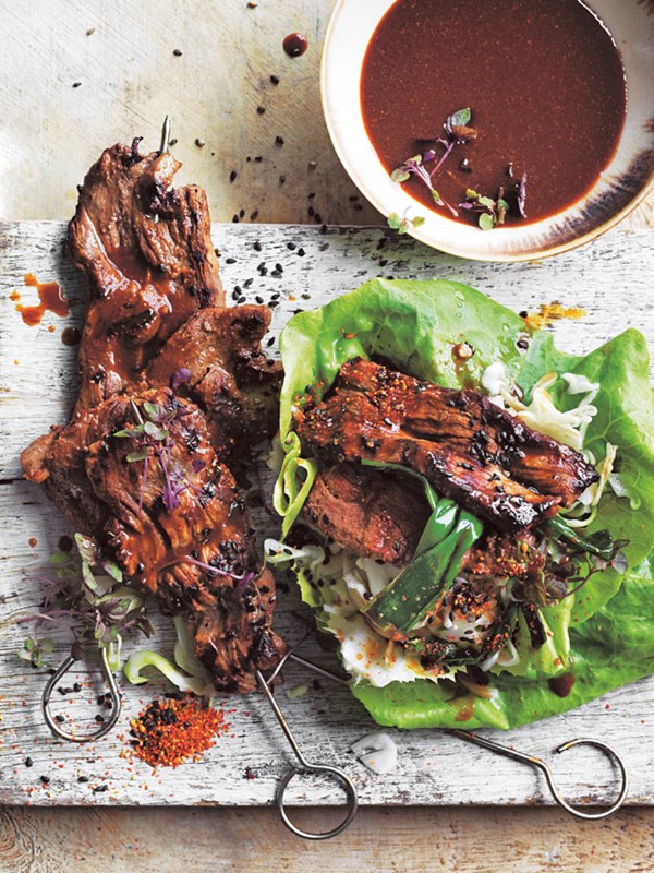 Charred miso beef skewers with pickled cabbage slaw