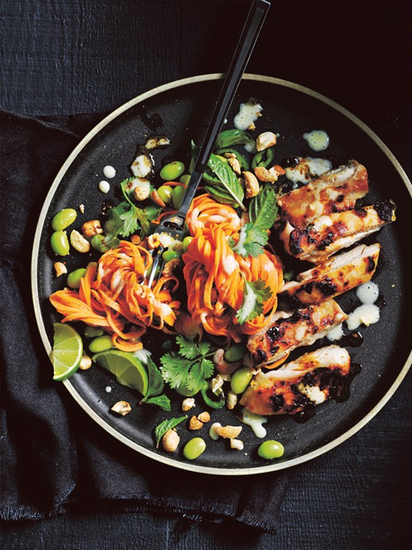Charred miso chicken with sweet potato noodle salad