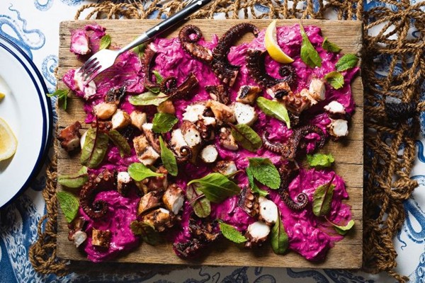 Charred octopus with beetroot tzatziki