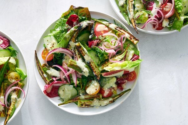 Charred okra salad with garlicky yogurt