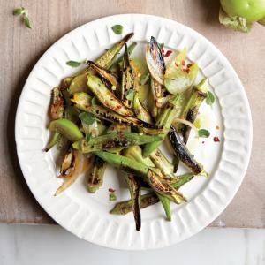 Charred okra with tomatillos