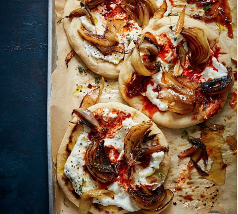 Charred onion & whipped feta flatbreads